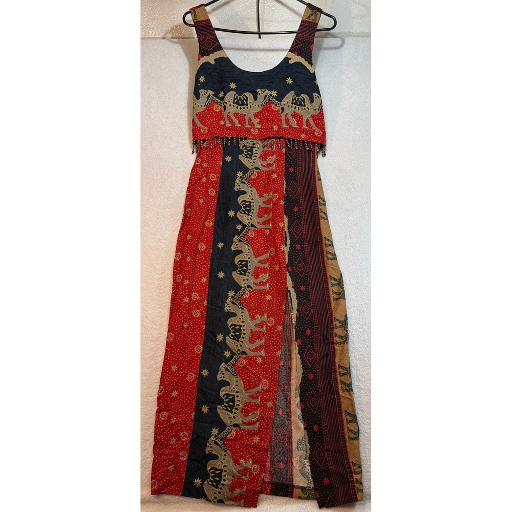 Vintage Just Choon Camel Star Print Beaded Fringe Maxi Dress Red Black Size 5
